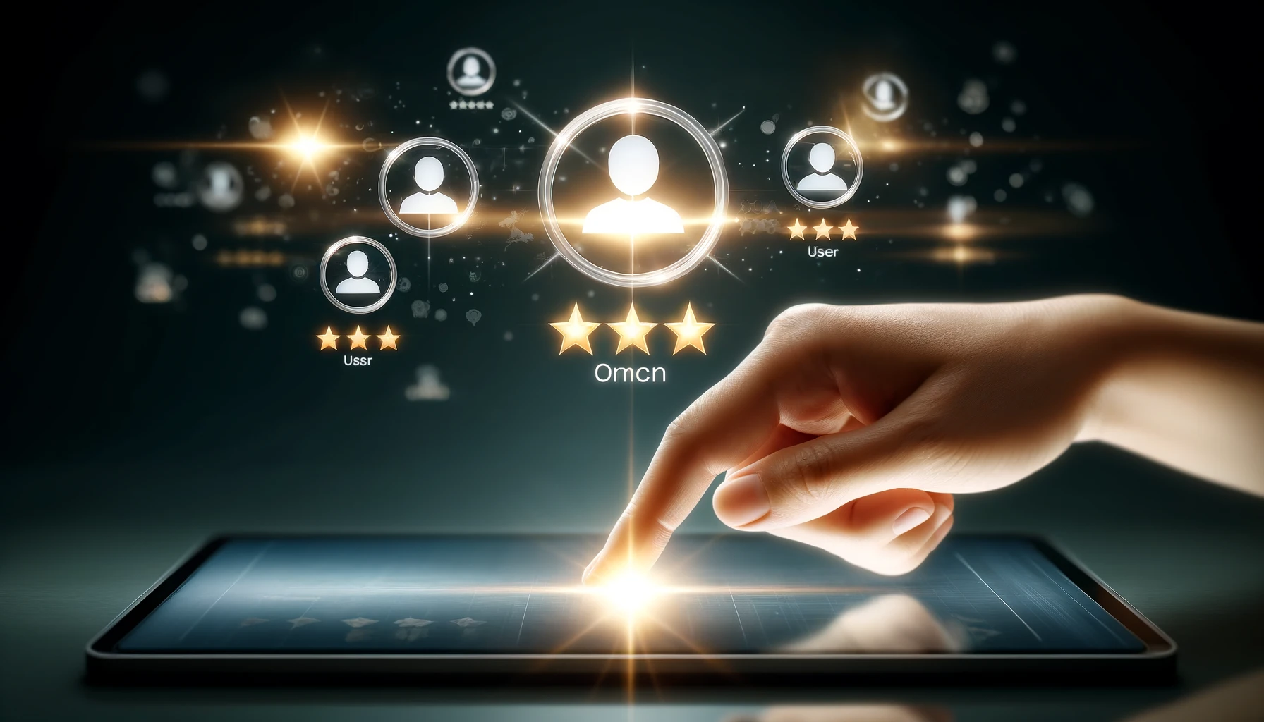 A hand pressing on a user and five-star icon on a visual screen, symbolizing positive customer feedback, testimonials, and user comments for reviews